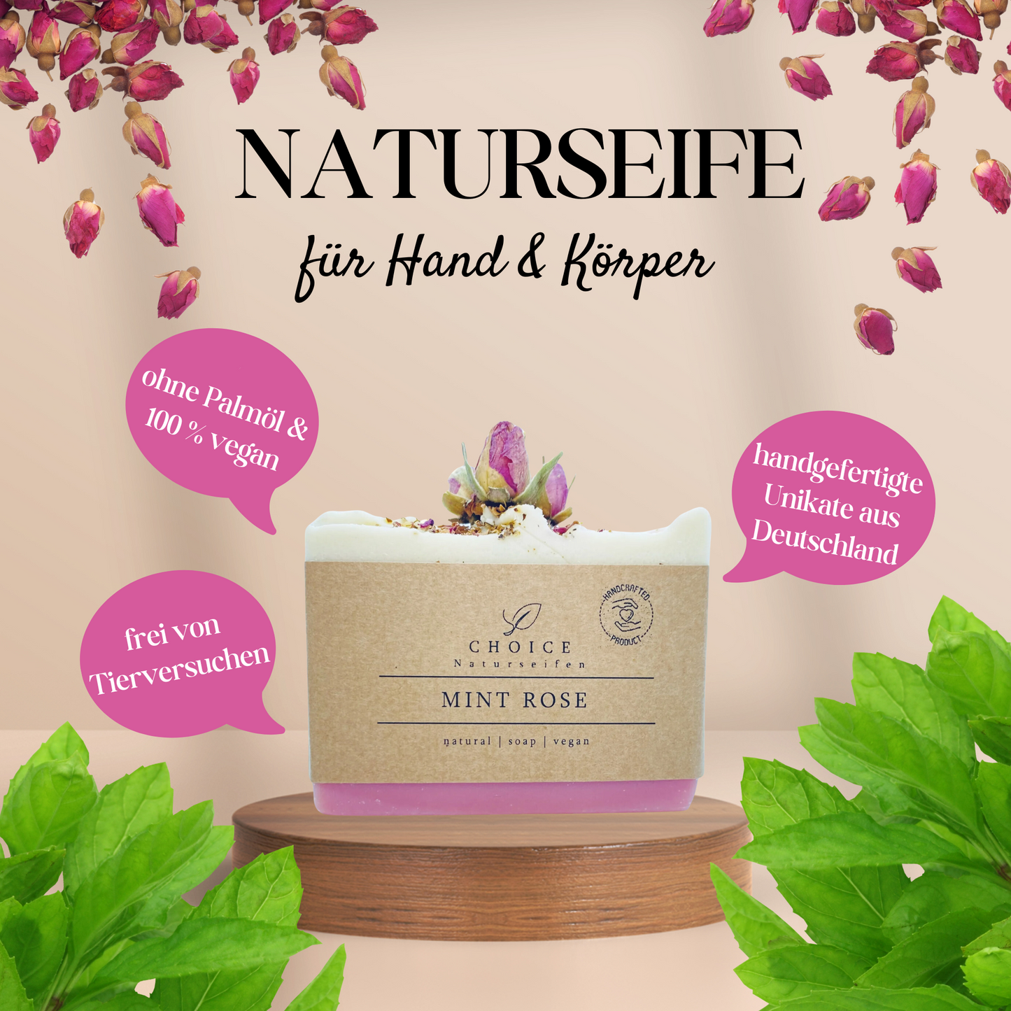 Naturseife MINT ROSE mit blumigem Ylang-Ylang & Pfefferminz 105g